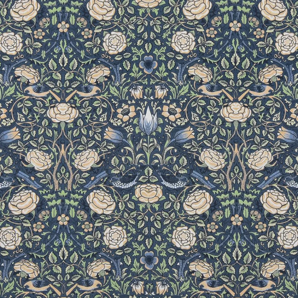 Arts & Crafts Tyger|Gardintyger Mönstrade< Birds and roses marin tyg