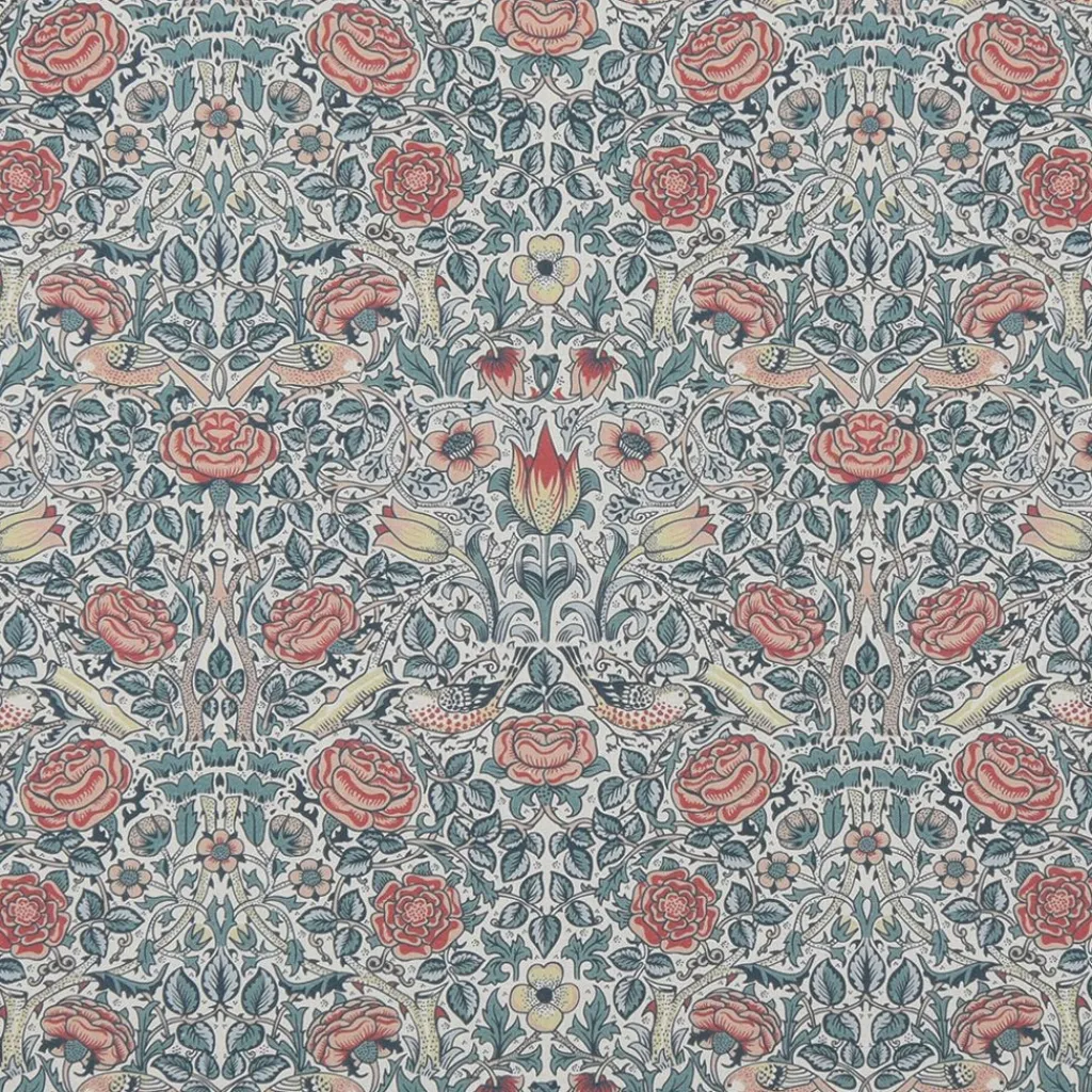 Arts & Crafts Tyger|Gardintyger Mönstrade< Birds and roses petrol tyg
