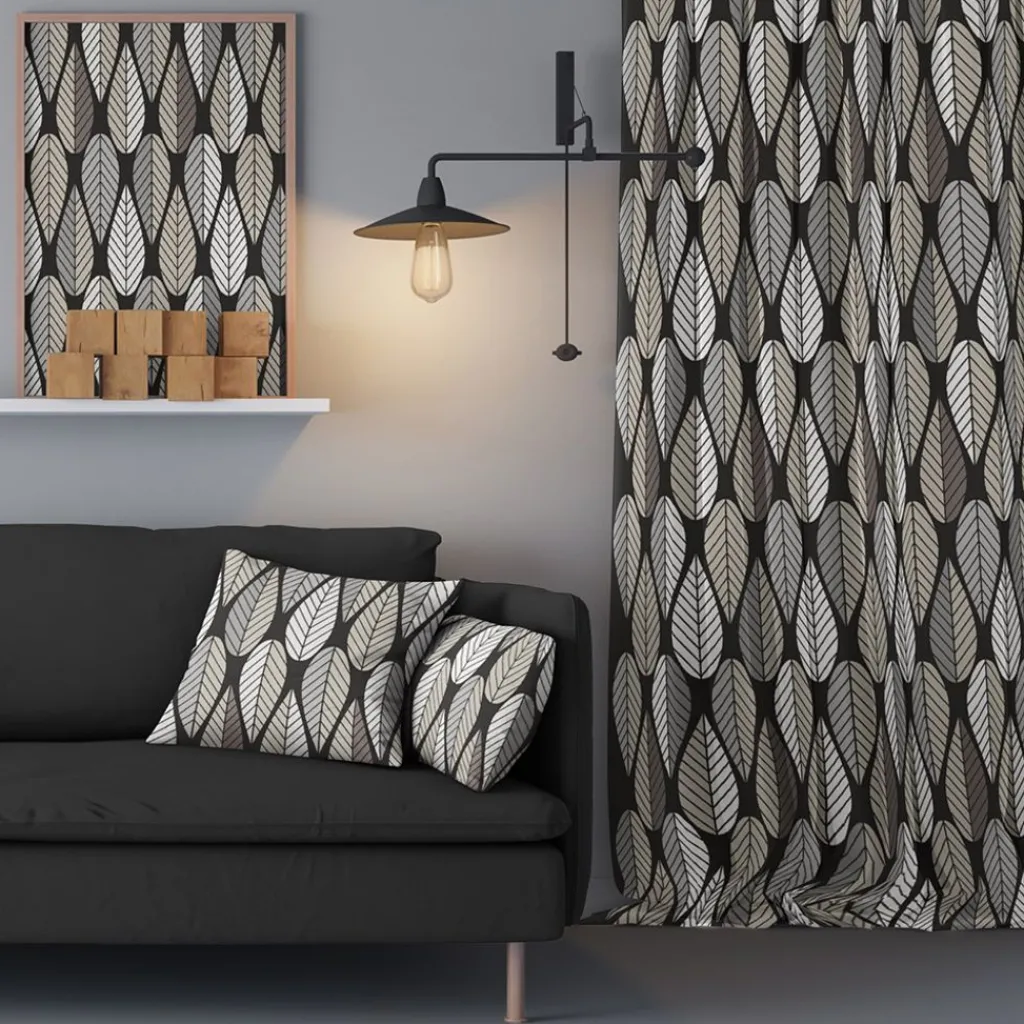 Gardintyger Mönstrade|Arvidssons Textil<Arvidssons textil Blader svart tyg