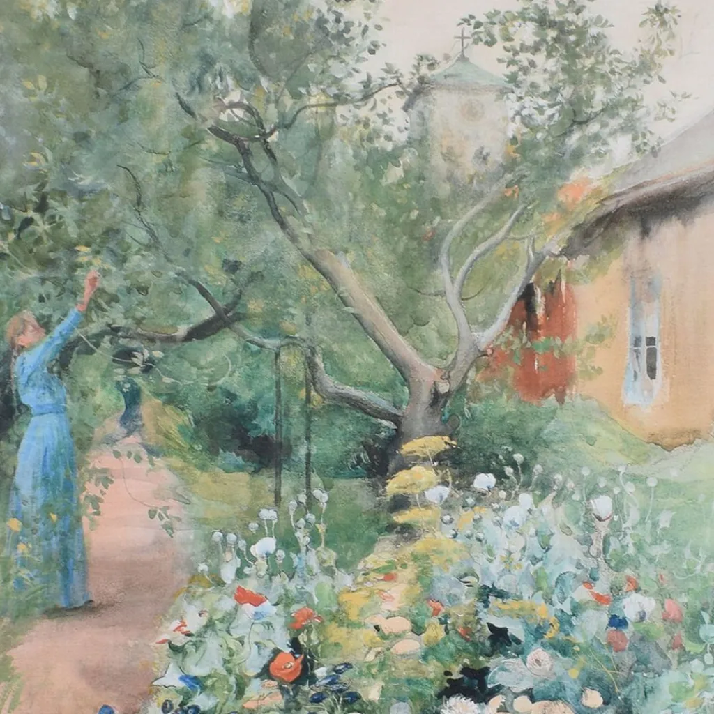 Tygtavla<Svanefors Blomsterträdgård 95x130 Tygtavla - Carl Larsson
