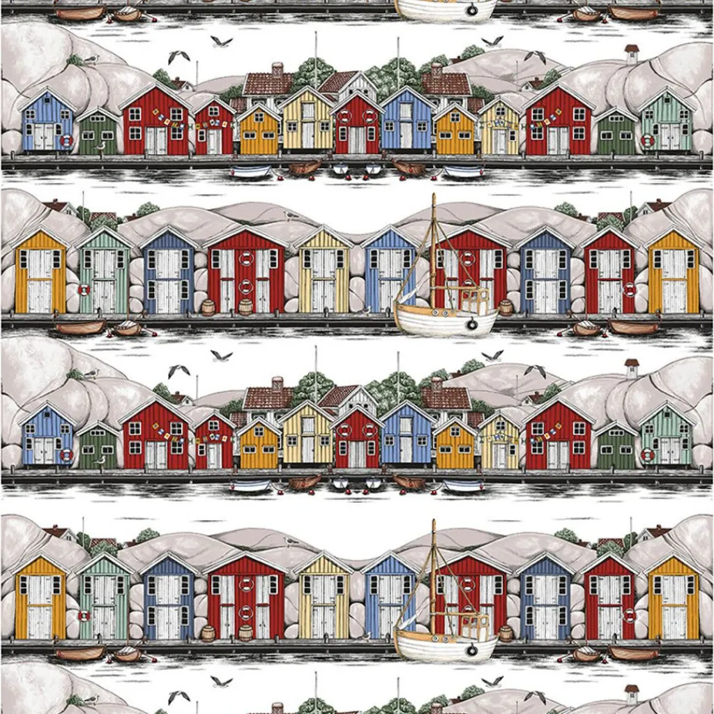 Arvidssons Textil<Arvidssons textil Bryggviken tyg med Smögens sjöbodar