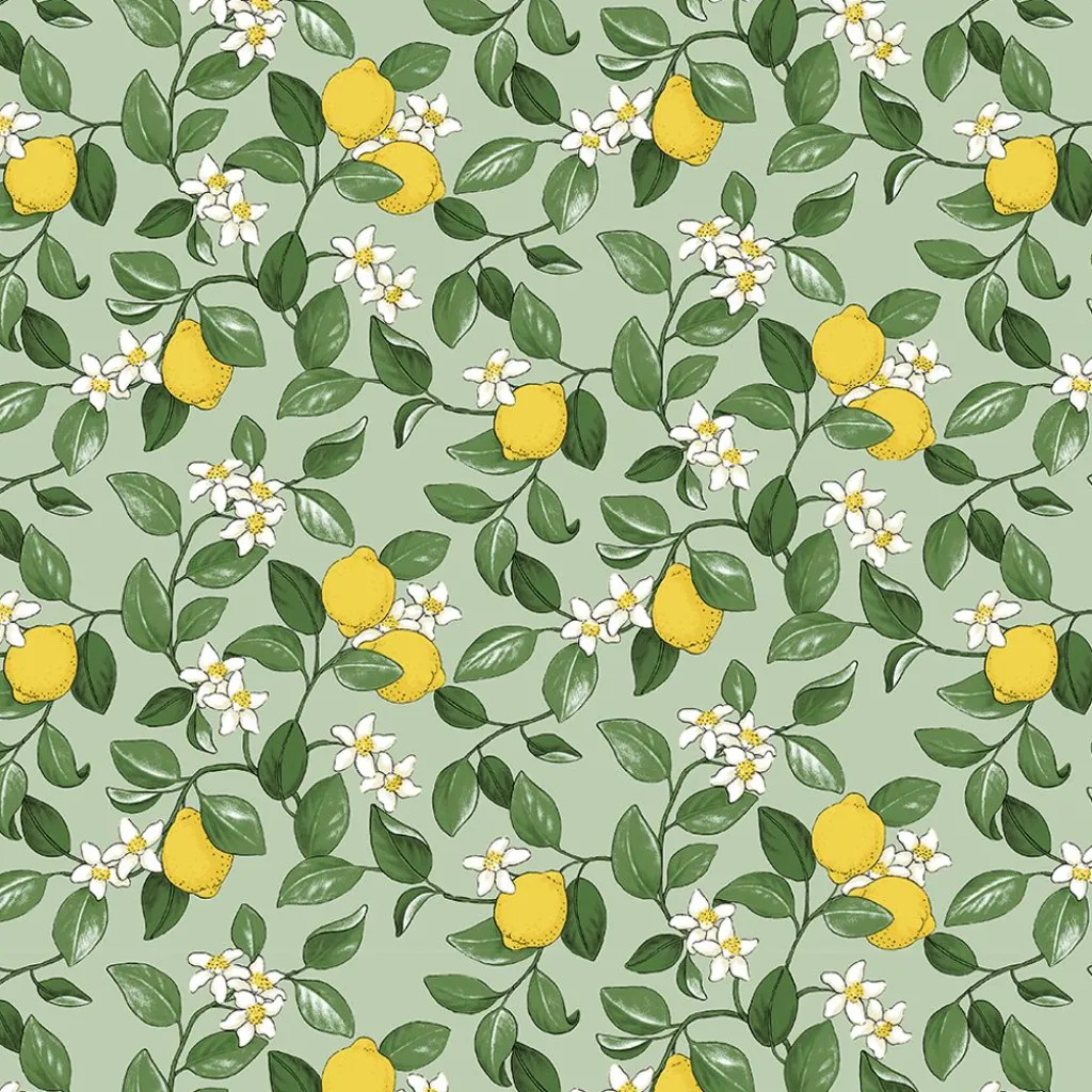 Gardintyger Mönstrade|Arvidssons Textil<Arvidssons textil Citronlycka grön tyg med citroner
