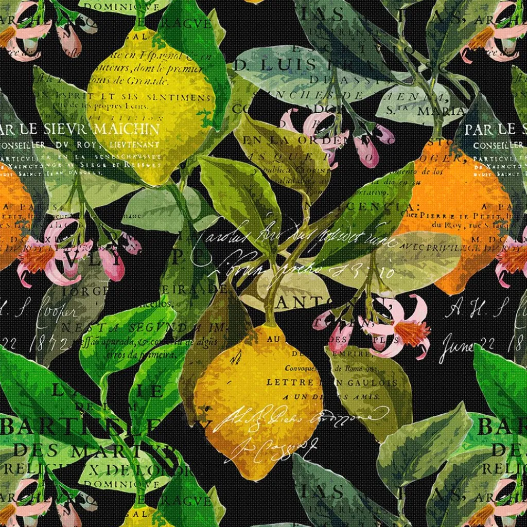 Gardintyger Mönstrade|Arvidssons Textil<Arvidssons textil Citrus svart tyg – Elegans med färgstarka citrusdetaljer