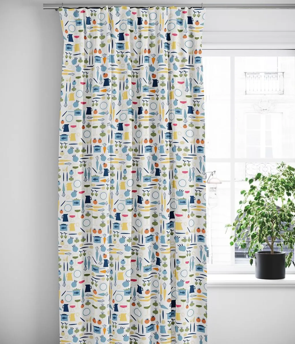 Gardiner Mönstrade<Arvidssons textil Dinner blå gardiner med retro köksmotiv