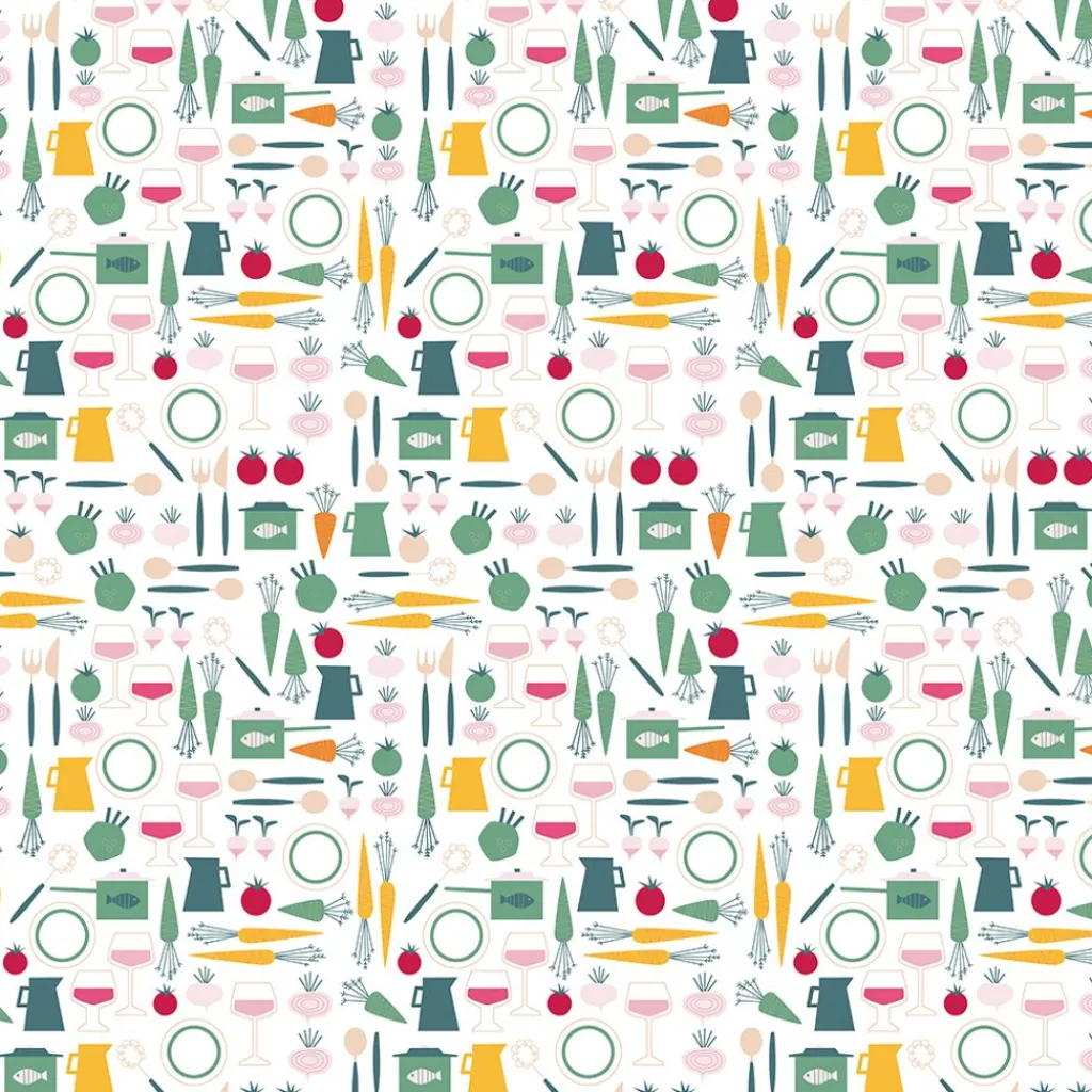 Gardintyger Mönstrade|Arvidssons Textil<Arvidssons textil Dinner grön tyg med retro köksmotiv