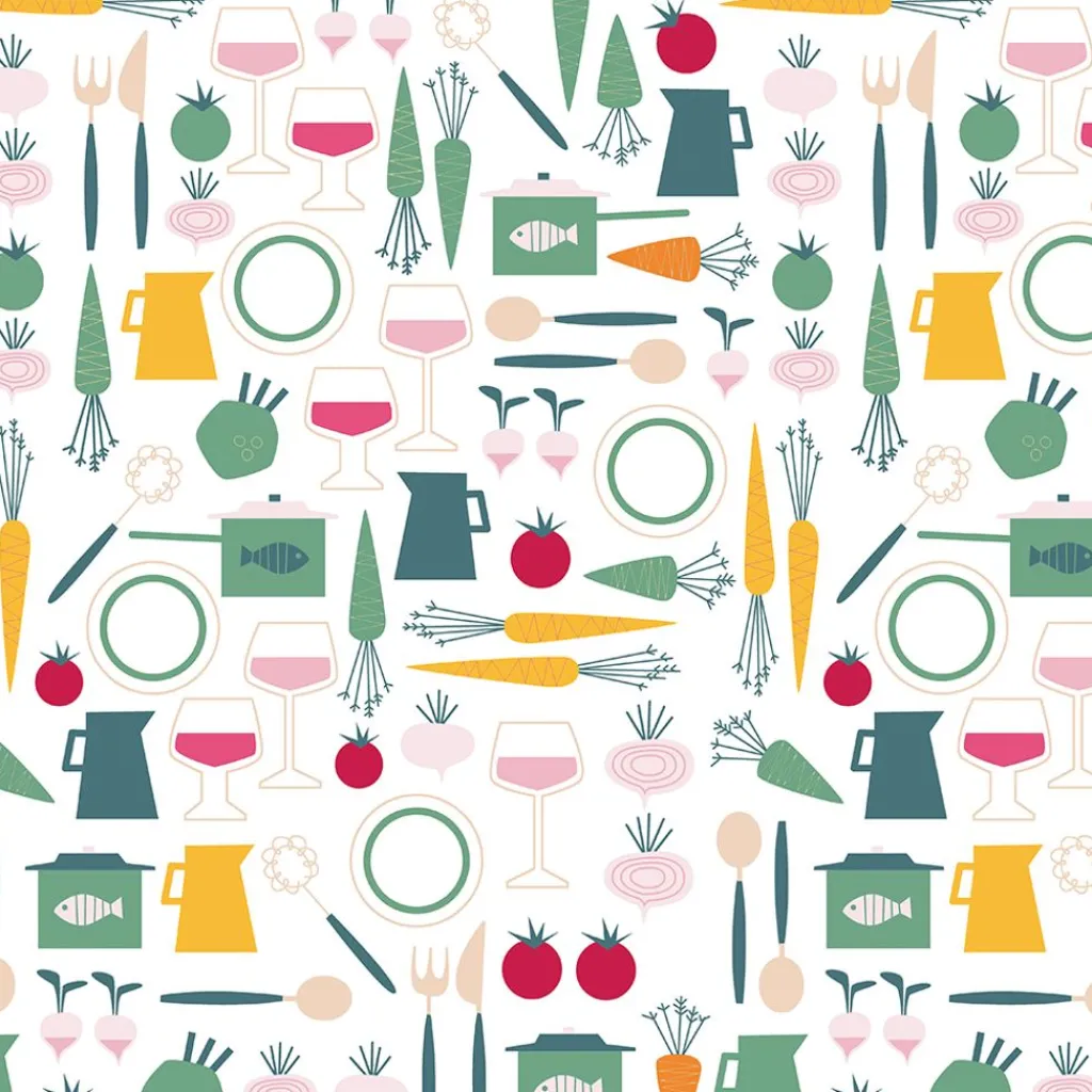 Gardintyger Mönstrade|Arvidssons Textil<Arvidssons textil Dinner grön tyg med retro köksmotiv