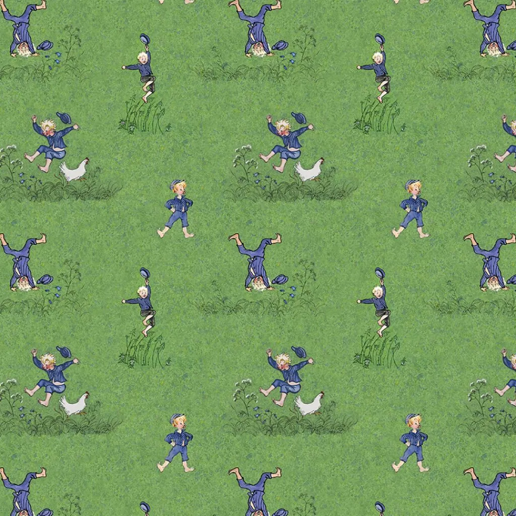 Gardintyger Mönstrade|Barnmönster<Arvidssons textil Emils Glädjeskutt grön bomullstyg – Emil i Lönneberga