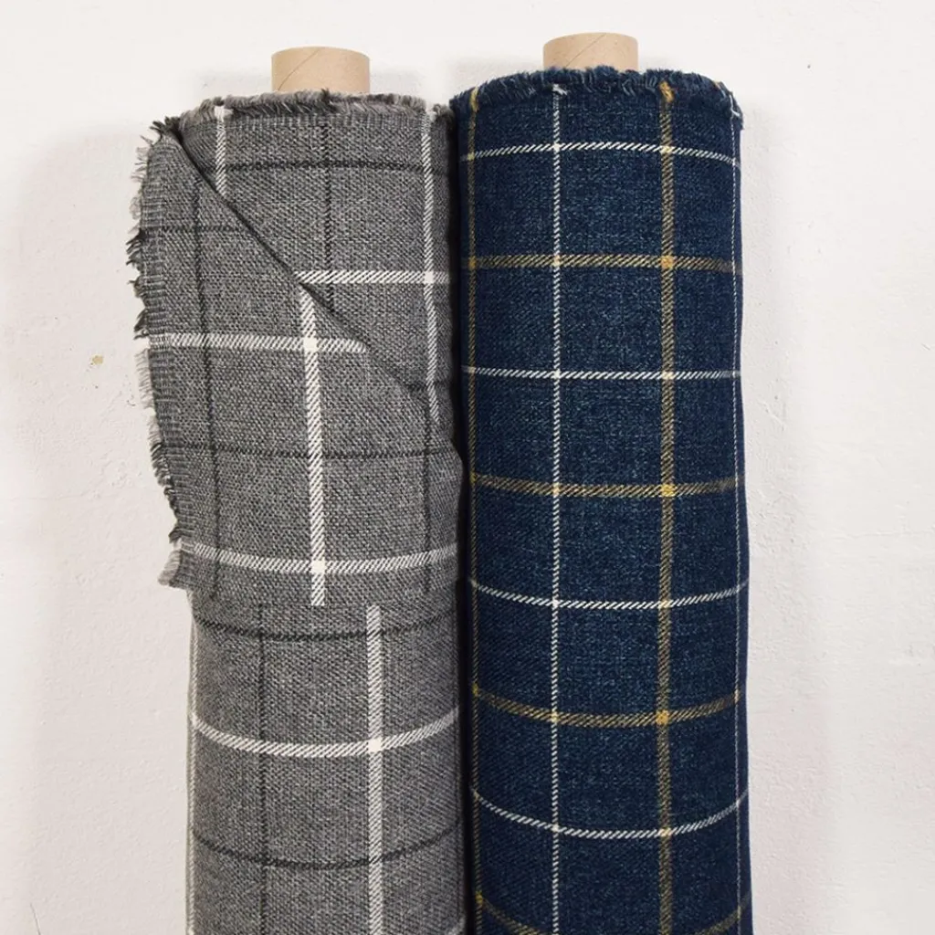 Rutiga Möbeltyger<Nordisk Textil Eton blå rutigt möbeltyg med vita och gula ränder