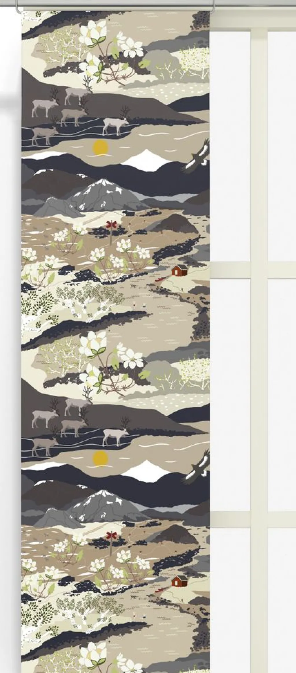 Panelgardiner<Arvidssons textil Fjällvandring beige panelgardiner med fjällmotiv
