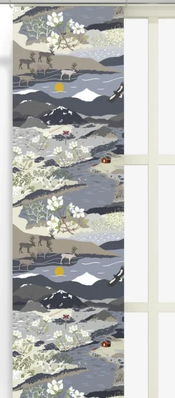 Panelgardiner<Arvidssons textil Fjällvandring blå panelgardiner med fjällmotiv