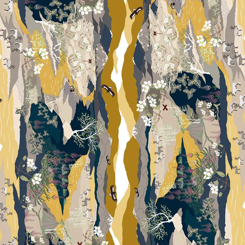 Gardintyger Mönstrade|Arvidssons Textil<Arvidssons textil Fjällvandring bård gul-blå tyg