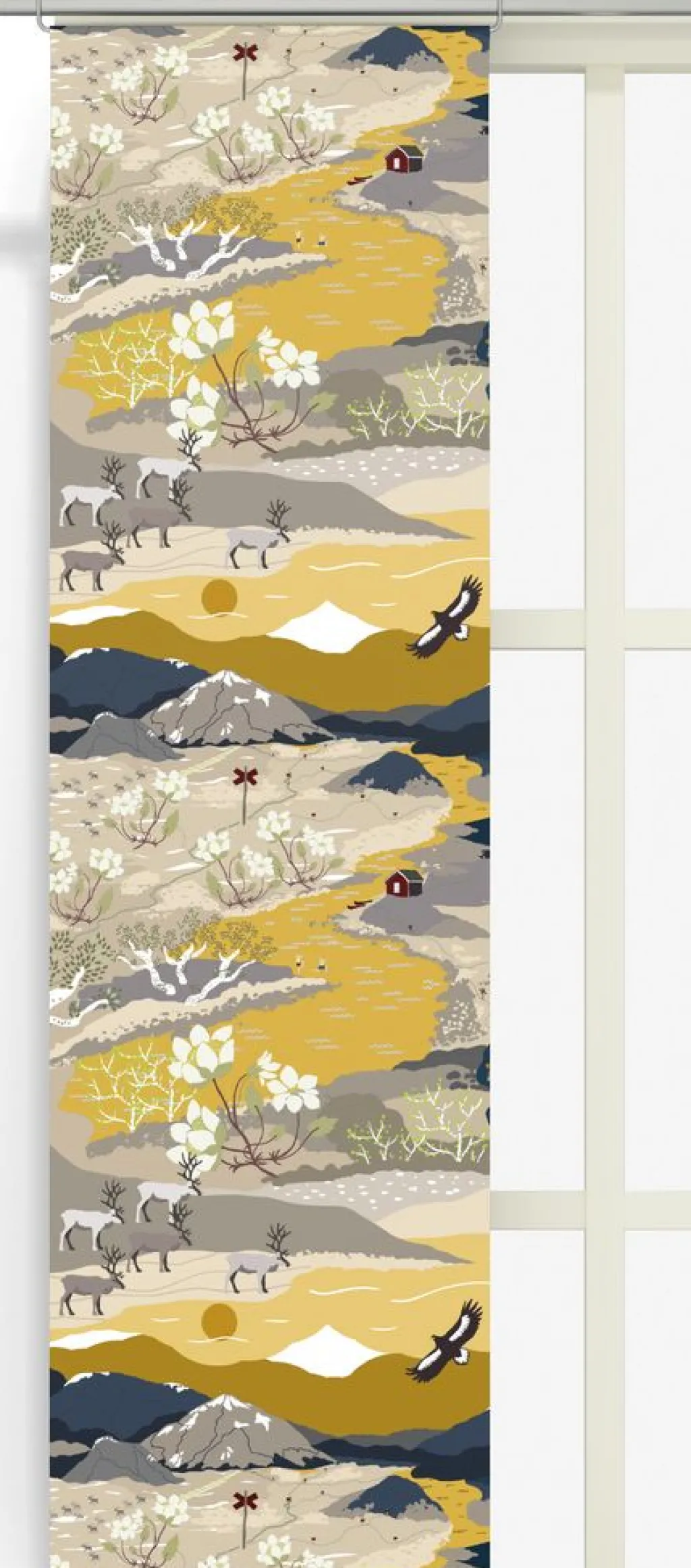 Panelgardiner<Arvidssons textil Fjällvandring gul-blå panelgardiner med fjällmotiv