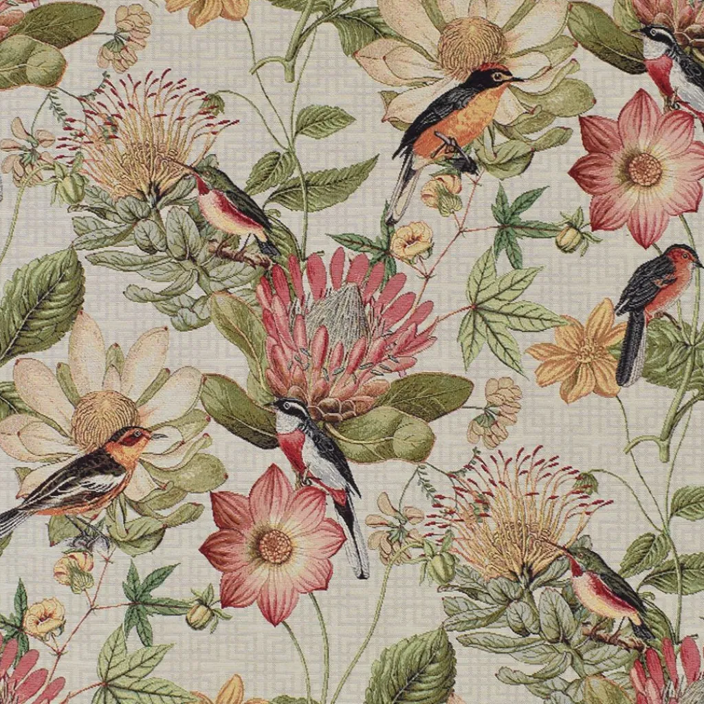 Blommiga Möbeltyger|Mönstrade Möbeltyger< Floral botanic bird möbeltyg - fyllt av blomster och färgsprakande fåglar