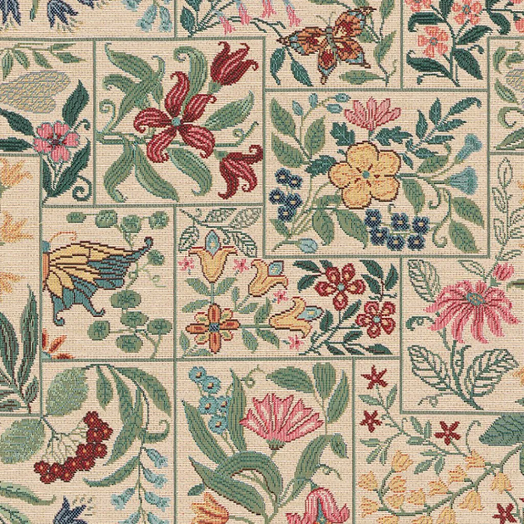 Blommiga Möbeltyger|Mönstrade Möbeltyger< Folklore patch flowers beige möbeltyg