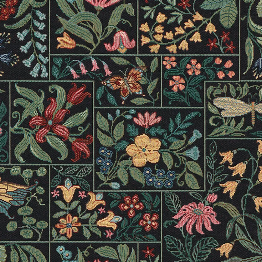 Blommiga Möbeltyger|Mönstrade Möbeltyger< Folklore patch flowers svart möbeltyg