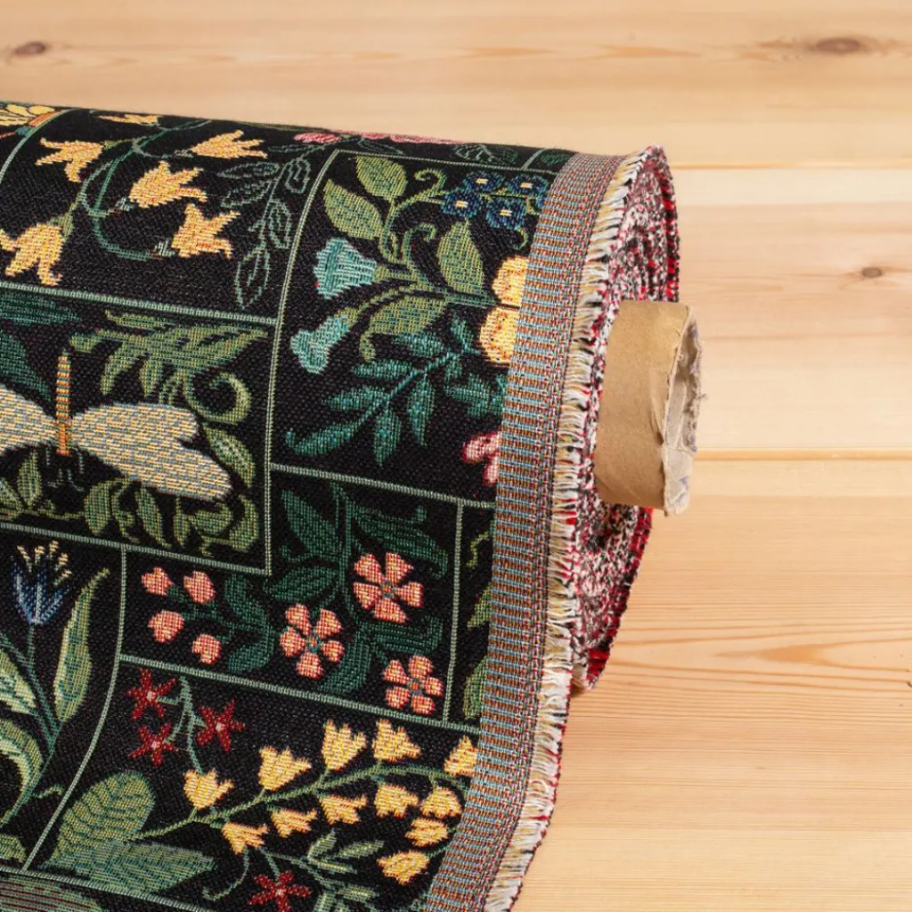 Blommiga Möbeltyger|Mönstrade Möbeltyger< Folklore patch flowers svart möbeltyg