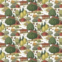 Gardintyger Mönstrade|Arvidssons Textil<Arvidssons textil Ginkalunda grön-rött tyg – lantligt mönster med svensk idyll