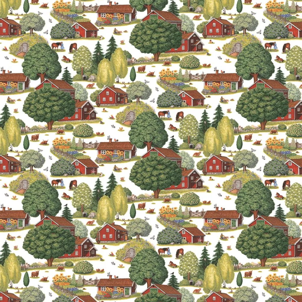 Gardintyger Mönstrade|Arvidssons Textil<Arvidssons textil Ginkalunda grön-rött tyg – lantligt mönster med svensk idyll