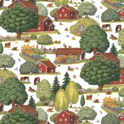 Gardintyger Mönstrade|Arvidssons Textil<Arvidssons textil Ginkalunda grön-rött tyg – lantligt mönster med svensk idyll