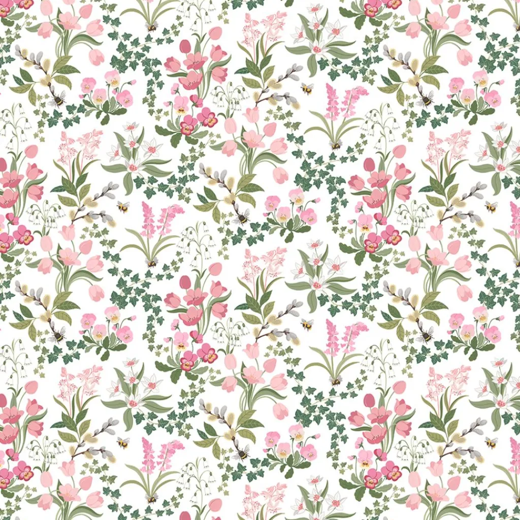 Gardintyger Mönstrade|Arvidssons Textil<Arvidssons textil Humlegården rosa-grön tyg med charmigt blomstermotiv