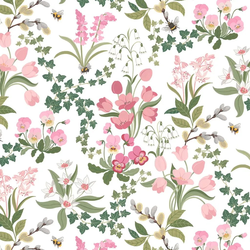 Gardintyger Mönstrade|Arvidssons Textil<Arvidssons textil Humlegården rosa-grön tyg med charmigt blomstermotiv