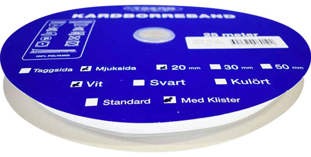 Kardborreband< Kardborreband mjuk klister vit 20mm - 25m rulle