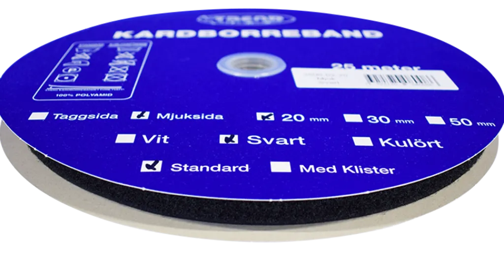 Kardborreband< Kardborreband mjuk svart 20mm - 25m rulle