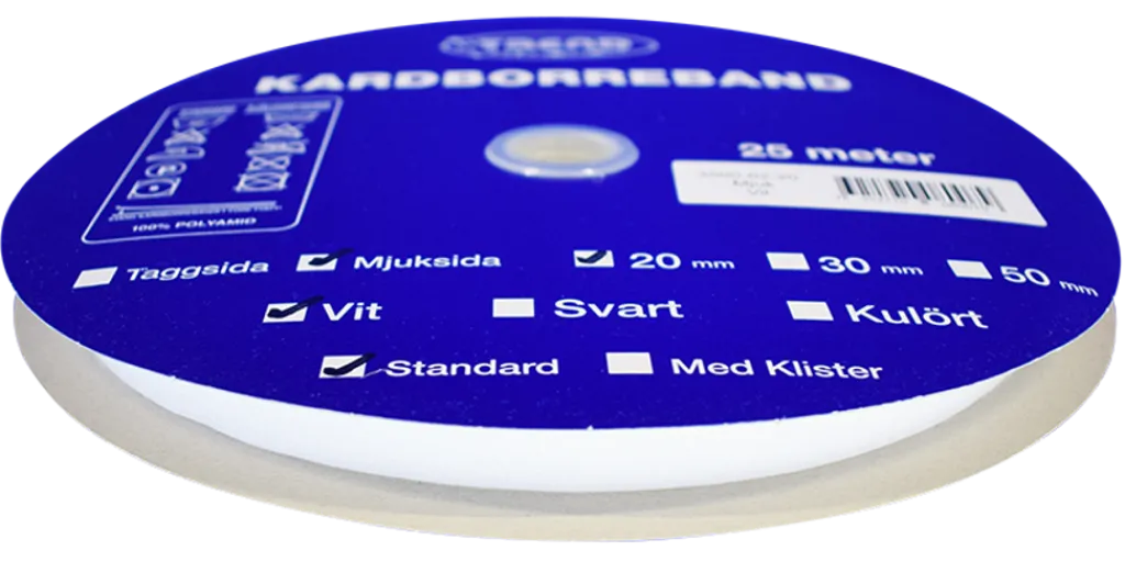 Kardborreband< Kardborreband mjuk vit 20mm - 25m rulle