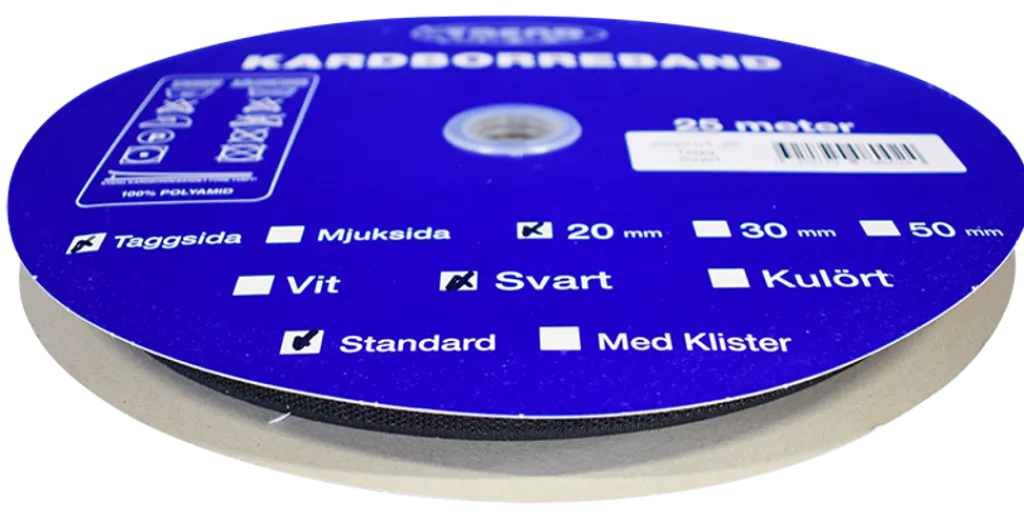 Kardborreband< Kardborreband tagg svart 20mm - 25m rulle
