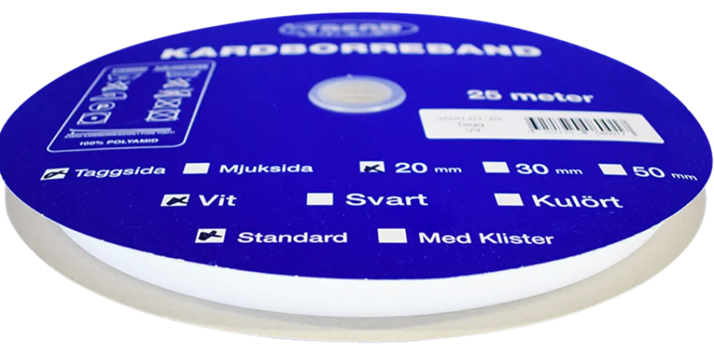 Kardborreband< Kardborreband tagg vit 20mm - 25m rulle