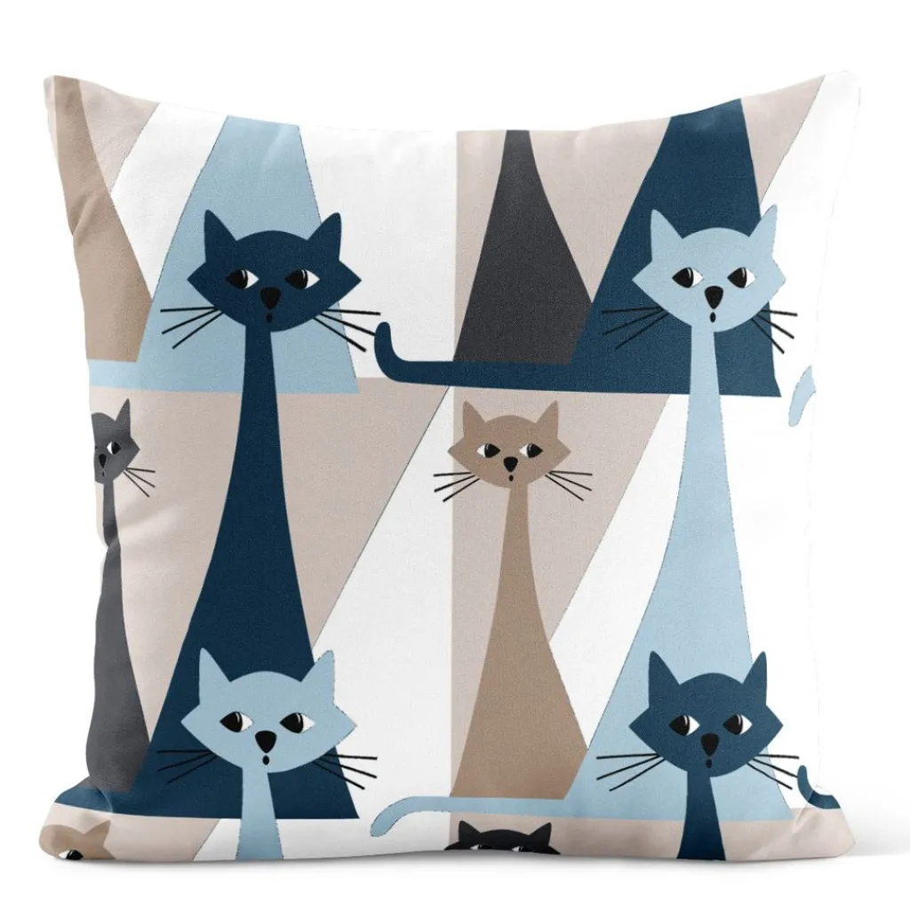 Mönstrade Kuddfodral<Arvidssons textil Kitty blå kuddfodral med retro katter