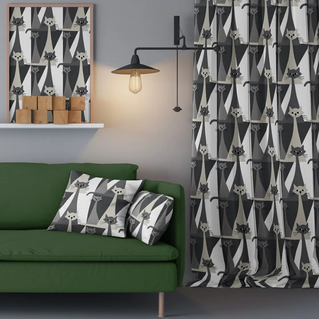 Gardintyger Mönstrade|Arvidssons Textil<Arvidssons textil Kitty grå tyg med retro katter