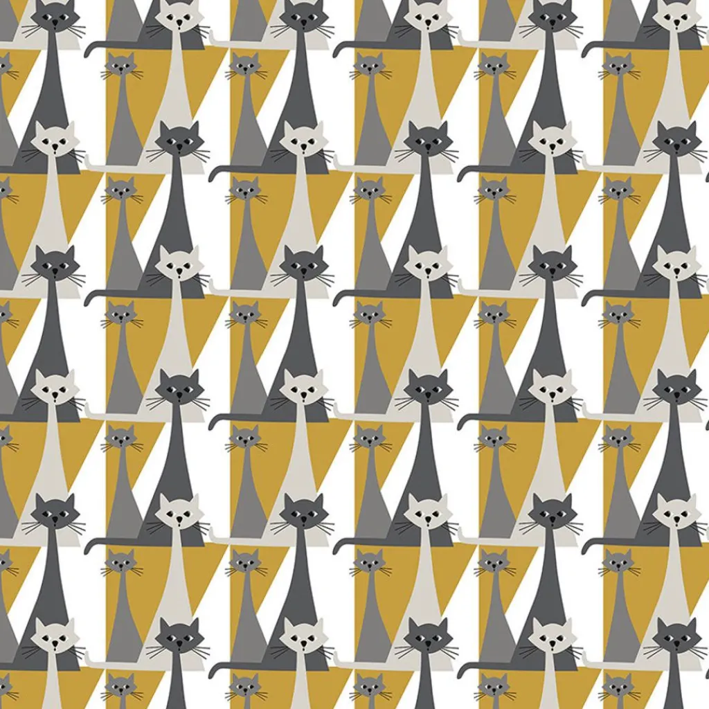 Gardintyger Mönstrade|Arvidssons Textil<Arvidssons textil Kitty gul tyg med retro katter