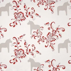 Gardintyger Mönstrade|Rea Gardintyger<Arvidssons textil Kurbits beige-röd tyg med dalahästar