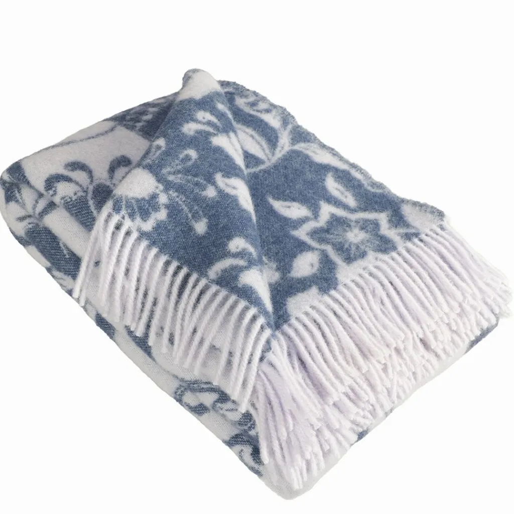 Ullplädar<Arvidssons textil Leksand blå ullpläd 130x170 cm – dalahästar i 100% ull