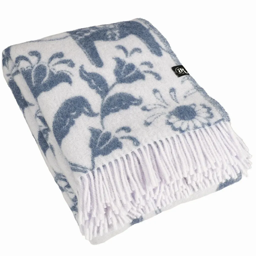 Ullplädar<Arvidssons textil Leksand blå ullpläd 130x170 cm – dalahästar i 100% ull
