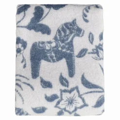 Ullplädar<Arvidssons textil Leksand blå ullpläd 130x170 cm – dalahästar i 100% ull