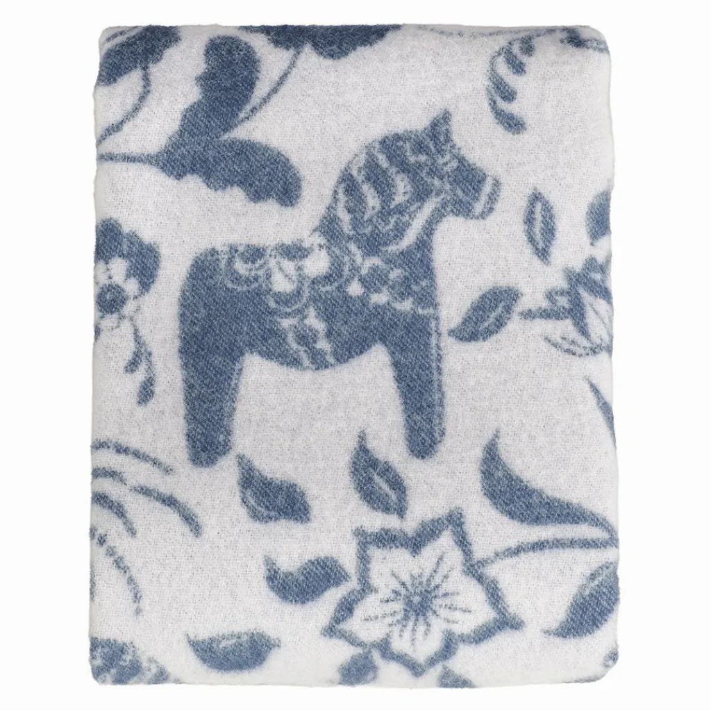 Ullplädar<Arvidssons textil Leksand blå ullpläd 130x170 cm – dalahästar i 100% ull