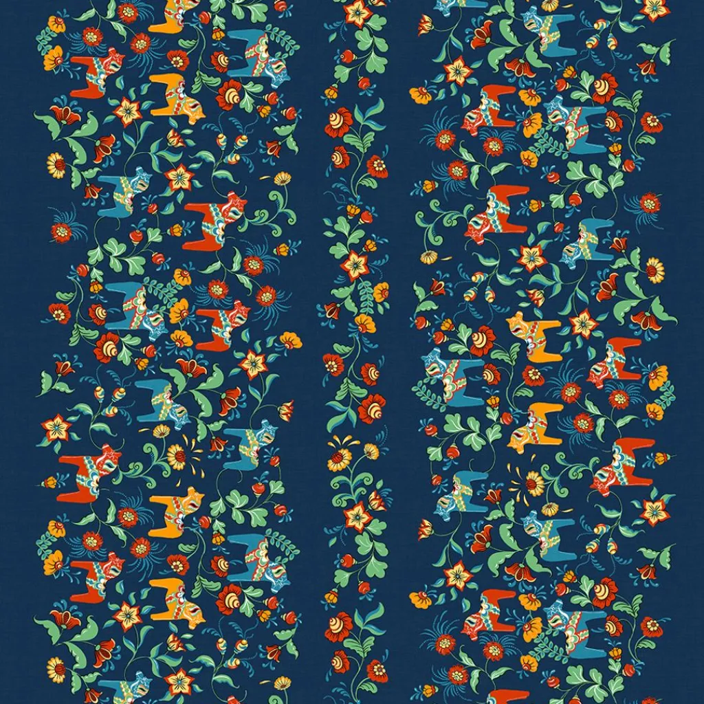 Gardintyger Mönstrade|Arvidssons Textil<Arvidssons textil Leksand bård blå tyg med traditionellt dalahästtryck