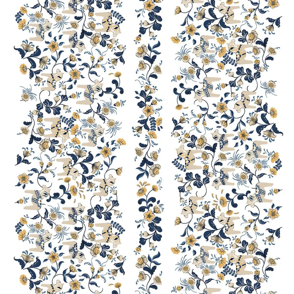 Gardintyger Mönstrade|Arvidssons Textil<Arvidssons textil Leksand bård mörkblå tyg med traditionellt dalahästtryck
