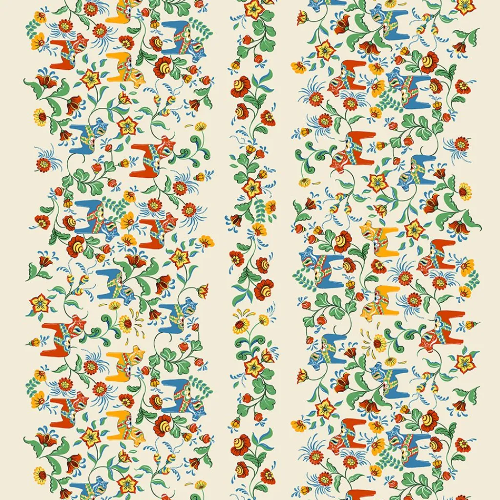 Gardintyger Mönstrade|Arvidssons Textil<Arvidssons textil Leksand bård natur tyg med traditionellt dalahästtryck