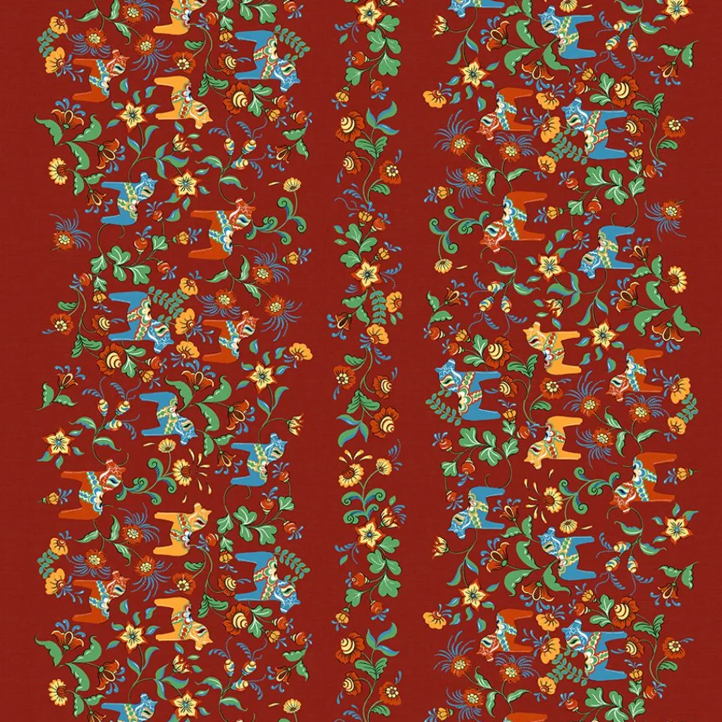 Gardintyger Mönstrade|Arvidssons Textil<Arvidssons textil Leksand bård röd tyg med traditionellt dalahästtryck
