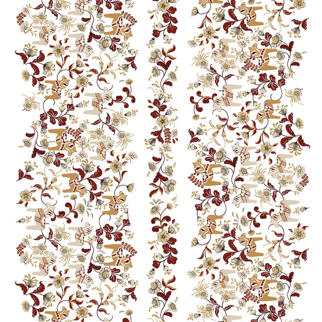 Gardintyger Mönstrade|Arvidssons Textil<Arvidssons textil Leksand Bård Vinröd Tyg med Traditionellt Dalahästtryck