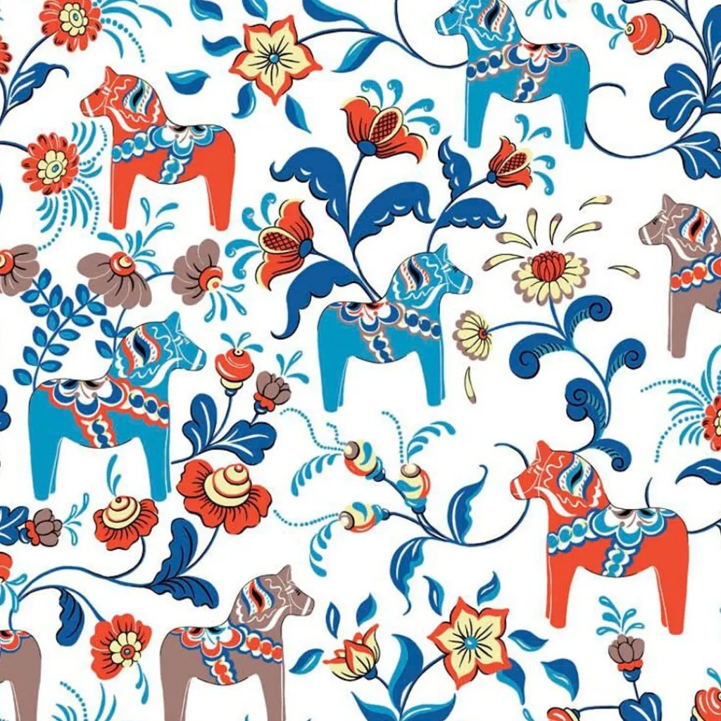 Gardintyger Mönstrade|Arvidssons Textil<Arvidssons textil Leksand dalablå tyg med traditionellt dalahästtryck