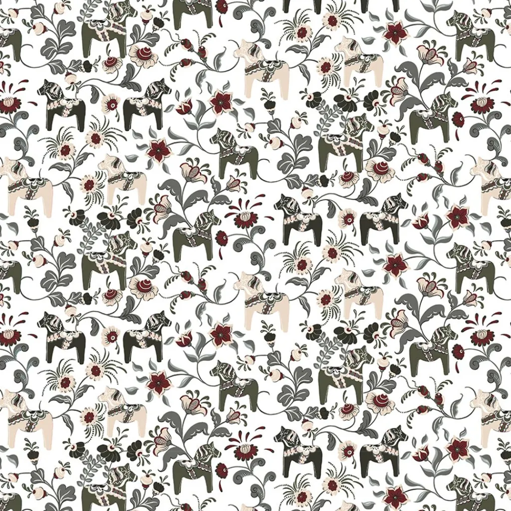 Gardintyger Mönstrade|Arvidssons Textil<Arvidssons textil Leksand grön tyg med traditionellt dalahästtryck
