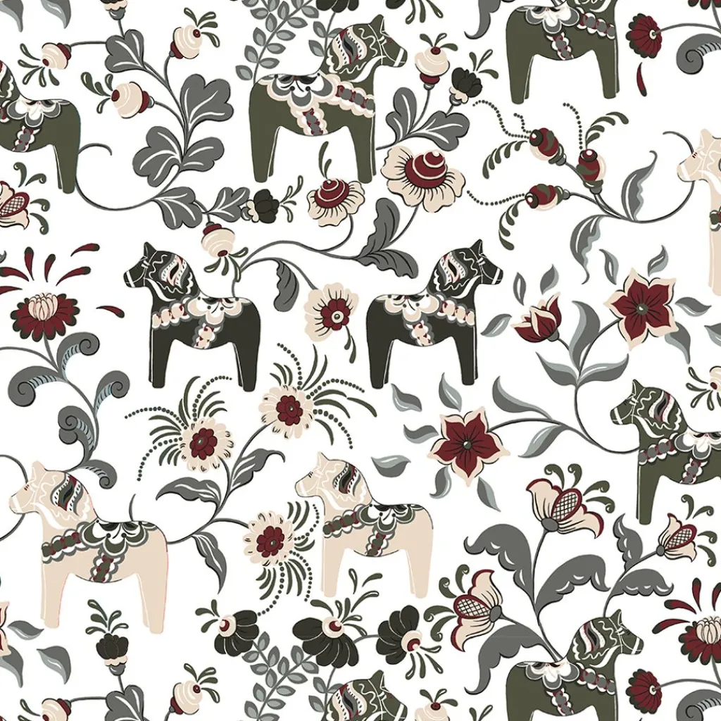Gardintyger Mönstrade|Arvidssons Textil<Arvidssons textil Leksand grön tyg med traditionellt dalahästtryck