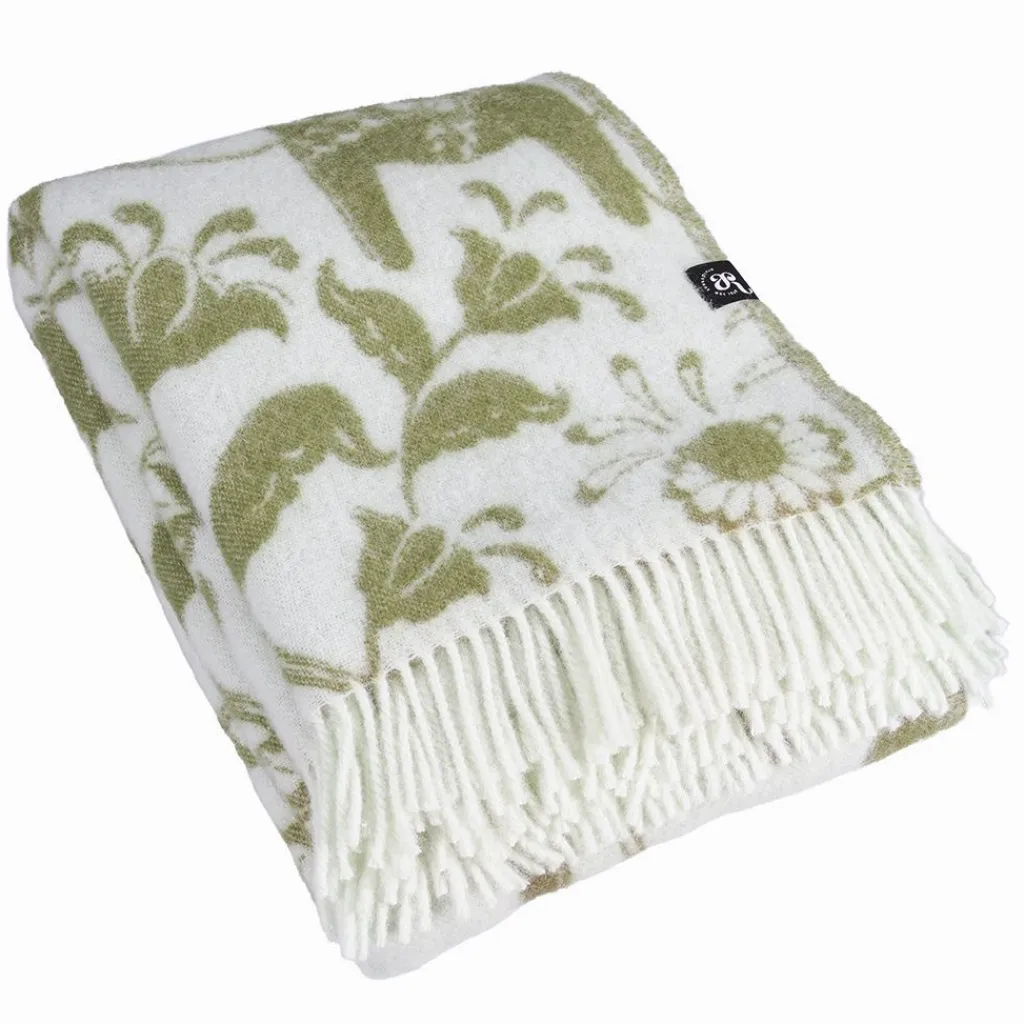 Ullplädar<Arvidssons textil Leksand grön ullpläd 130x170 cm – dalahästar i 100% ull