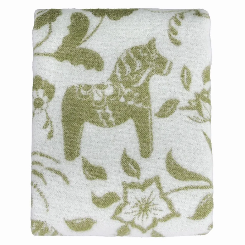 Ullplädar<Arvidssons textil Leksand grön ullpläd 130x170 cm – dalahästar i 100% ull