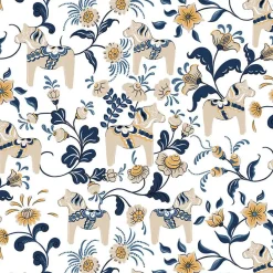 Gardintyger Mönstrade|Arvidssons Textil<Arvidssons textil Leksand mörkblå tyg med traditionellt dalahästtryck