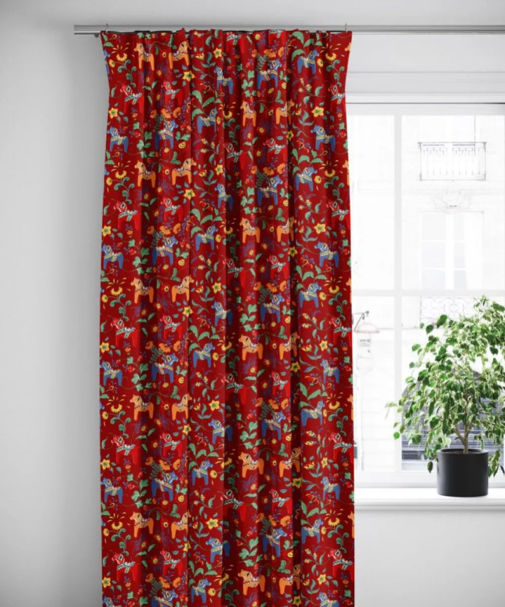 Gardiner Mönstrade|Julgardiner<Arvidssons textil Leksand röd gardiner med traditionellt dalahästtryck